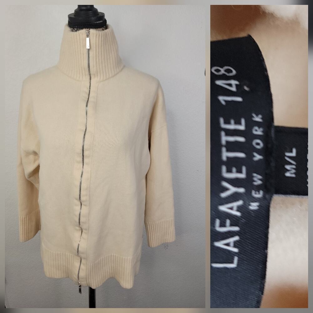 Lafayette 148 New York Wool Cashmere Sweater Womens M/L Full Zip Ecru Ivory